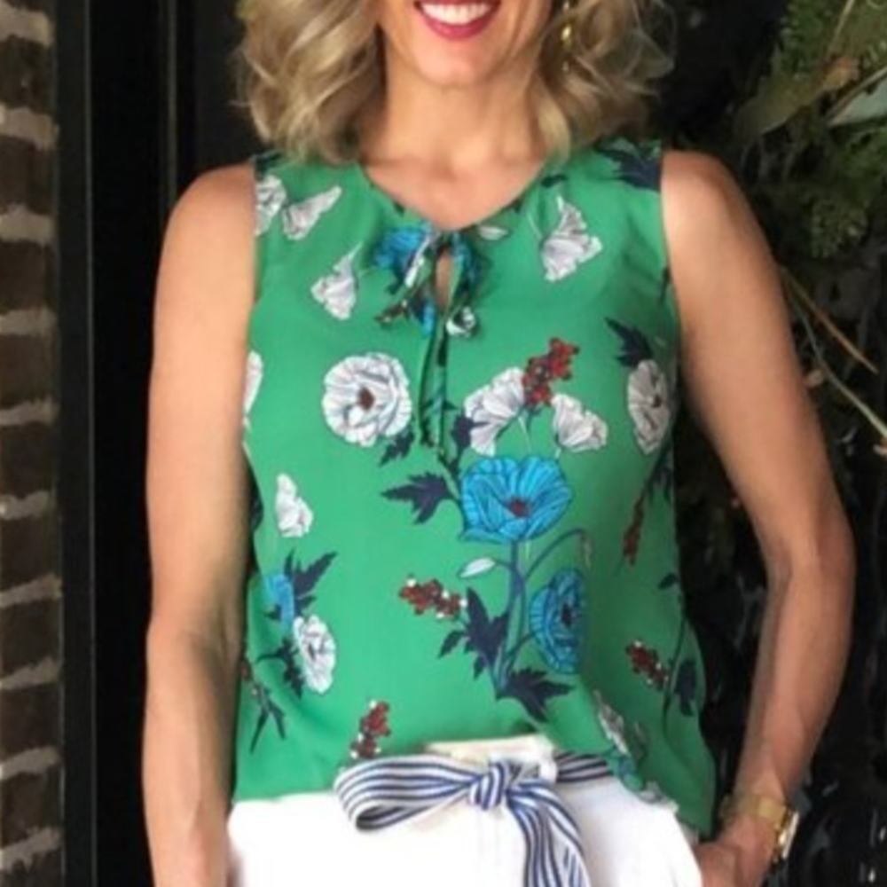Cabi Primrose Green Floral Tie Front Blouse Style 3785 Women's Size XS